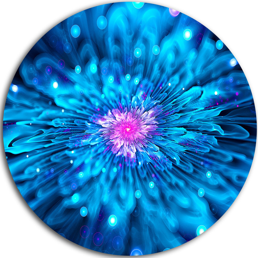 Magical Blue Glowing Flower, Floral Digital Art Disc Metal Artwork, 38"