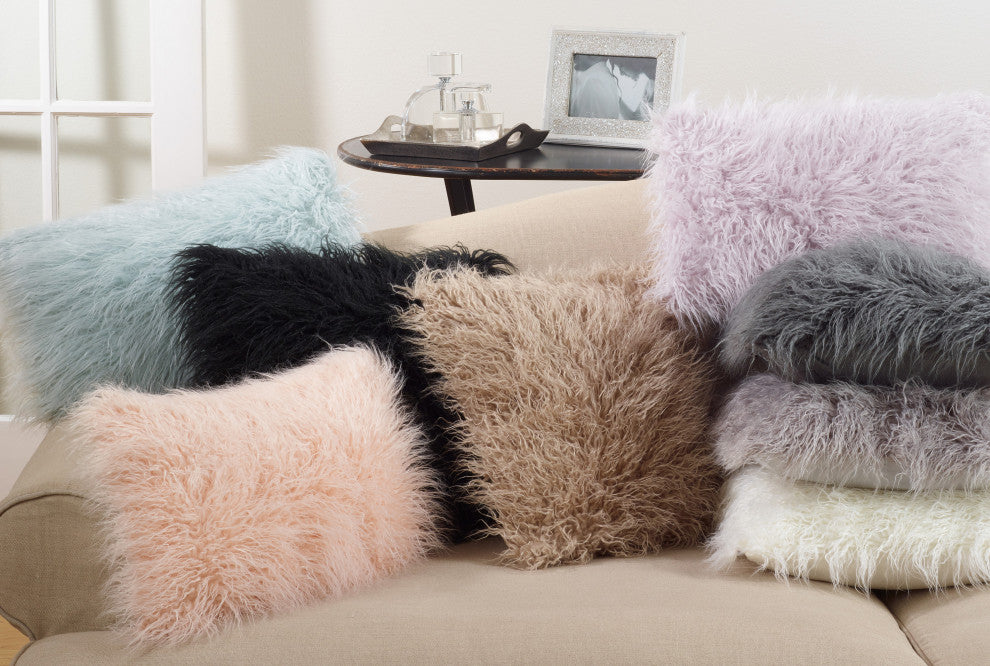 Poly Filled Mongolian Faux Fur Throw Pillow, 18"x18", Black