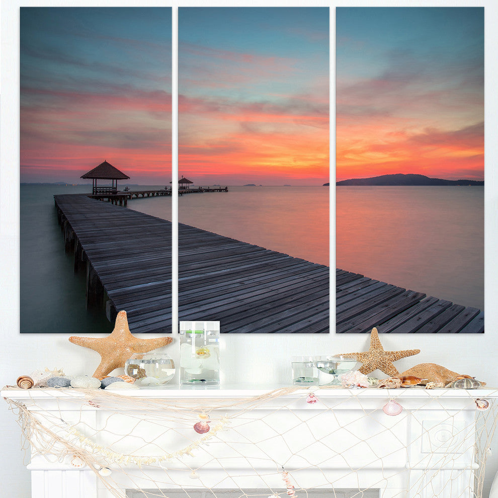 "Gloomy Seashore With Long Wood Pier" Sea Pier Metal Wall Art, 3 Panels, 36"x28"