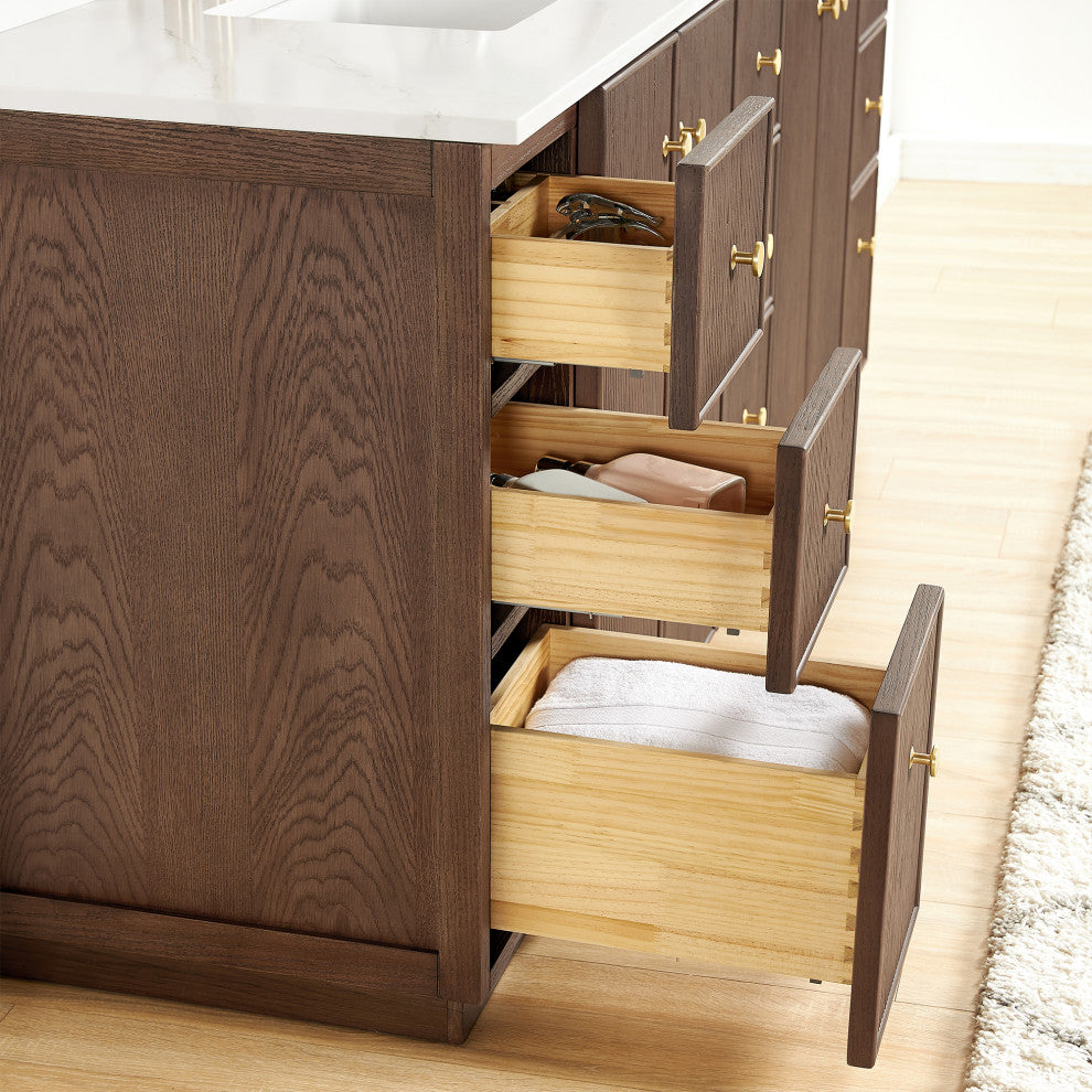 Oza Bath Vanity with Quartz Stone Top, Aged Dark Brown Oak, 84", Double Vanity, No Mirror
