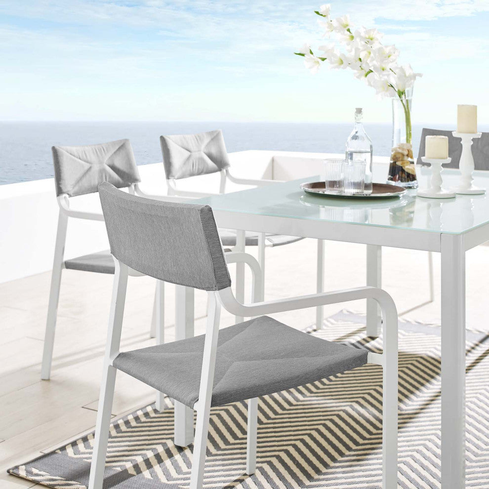Side Dining Chair Armchair, Aluminum, Metal, White Gray, Modern, Outdoor