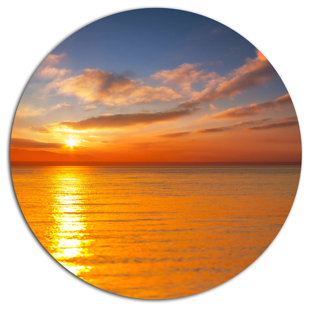 Beautiful Sunset Reflecting In Sea, Seashore Round Metal Wall Art, 11"