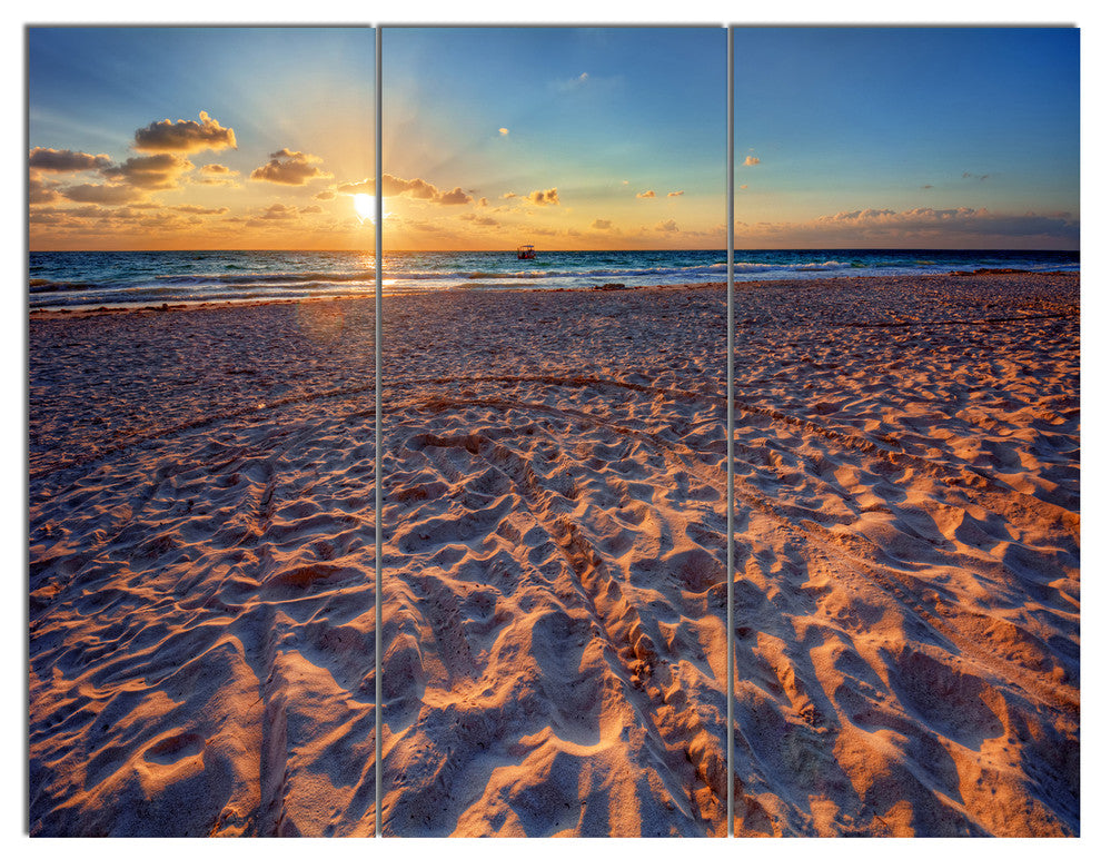 Trodden Sandy Beach at Sunset, Seashore Triptych Canvas Print, 36x28, 3 Panels