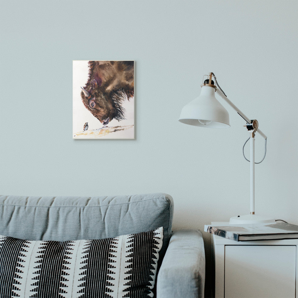 Bird And Large Buffalo Animal Watercolor Painting, 10"x15"