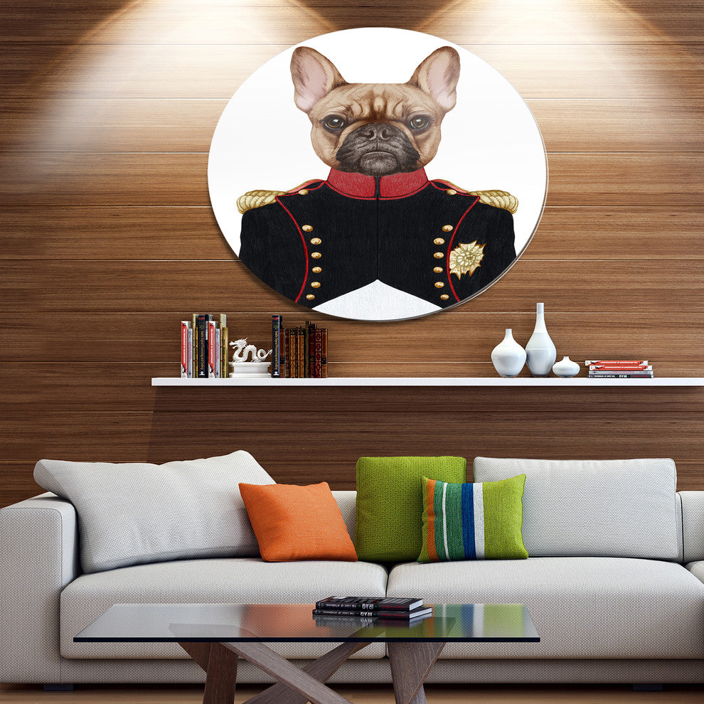 French Bulldog In Military Uniform, Modern Animal Round Wall Art, 23"