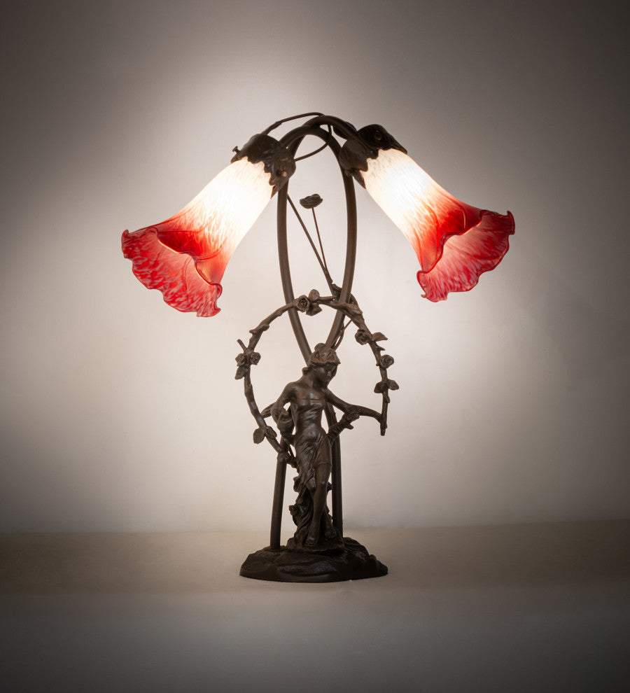 17 High Red/White Pond Lily 2 Light Trellis Girl Table Lamp