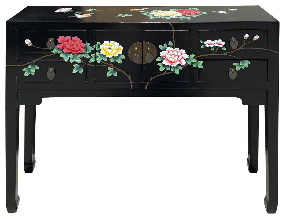 Black Lacquer Flower Graphic 4 Drawers Slim Narrow Foyer Side Table Hcs7347