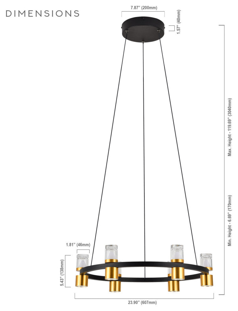 Ellegi 24" ETL Certified Integrated LED Height Adjustable Chandelier, Black