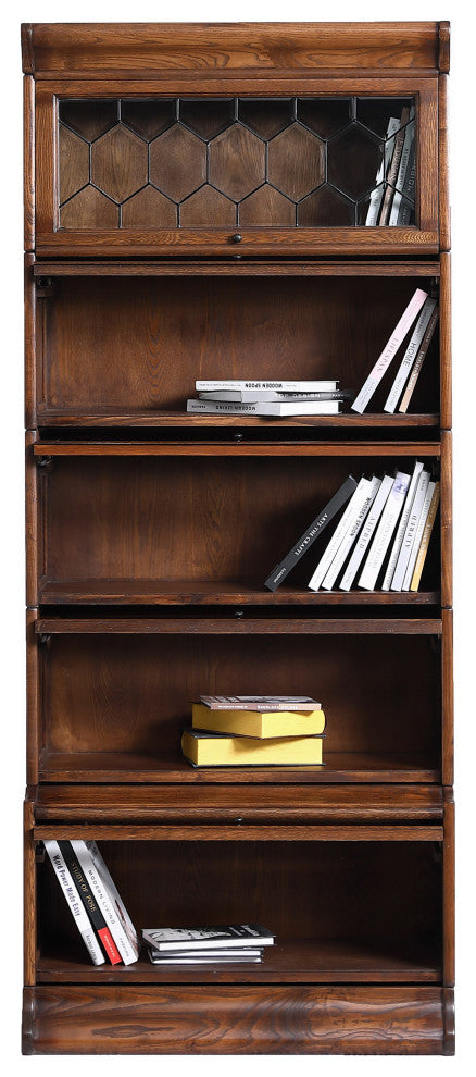 Crafters and Mission Style Oak  5 Stack Barrister Bookcase with Leaded Glass, Walnut