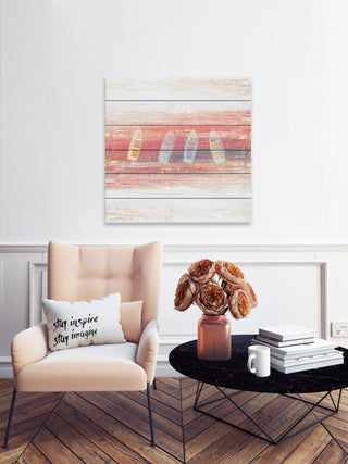 "Four Small Boats" Painting Print on White Wood, 32"x32"