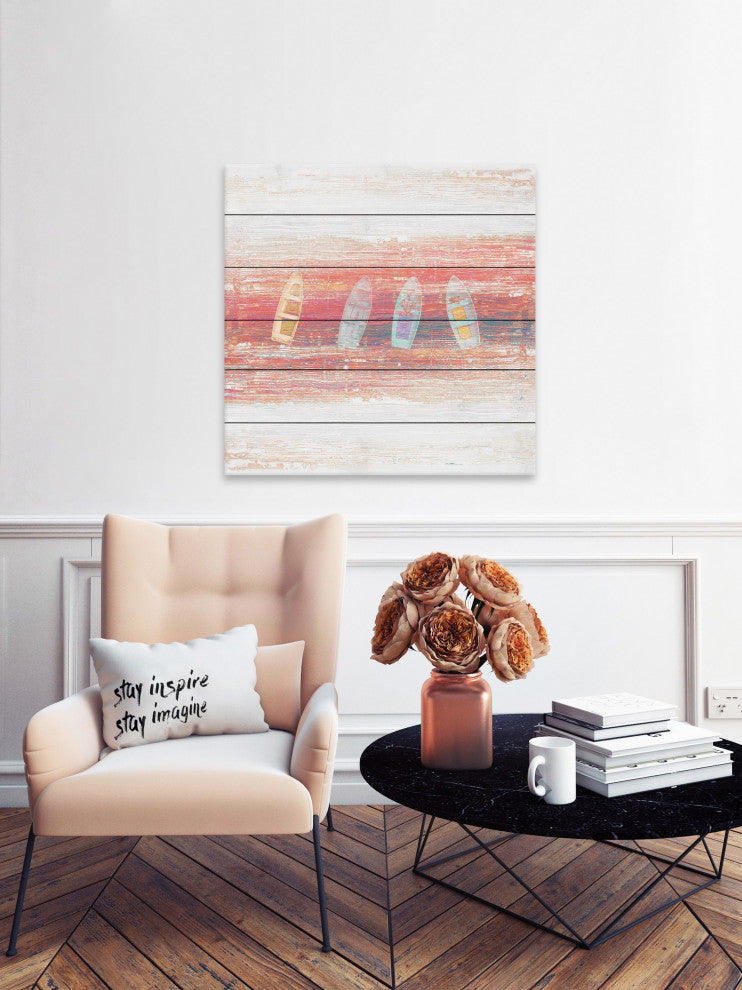 "Four Small Boats" Painting Print on White Wood, 32"x32"