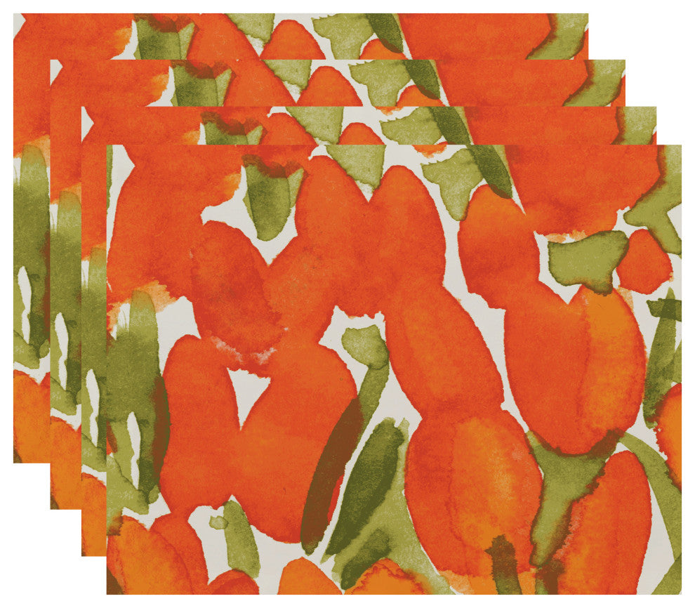 Sunset Tulip Floral Print Placemats, Set of 4, Orange, 18"x14"