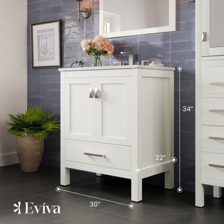 Eviva Aberdeen 30"W White Bath Vanity, White Carrara Quartz Countertop