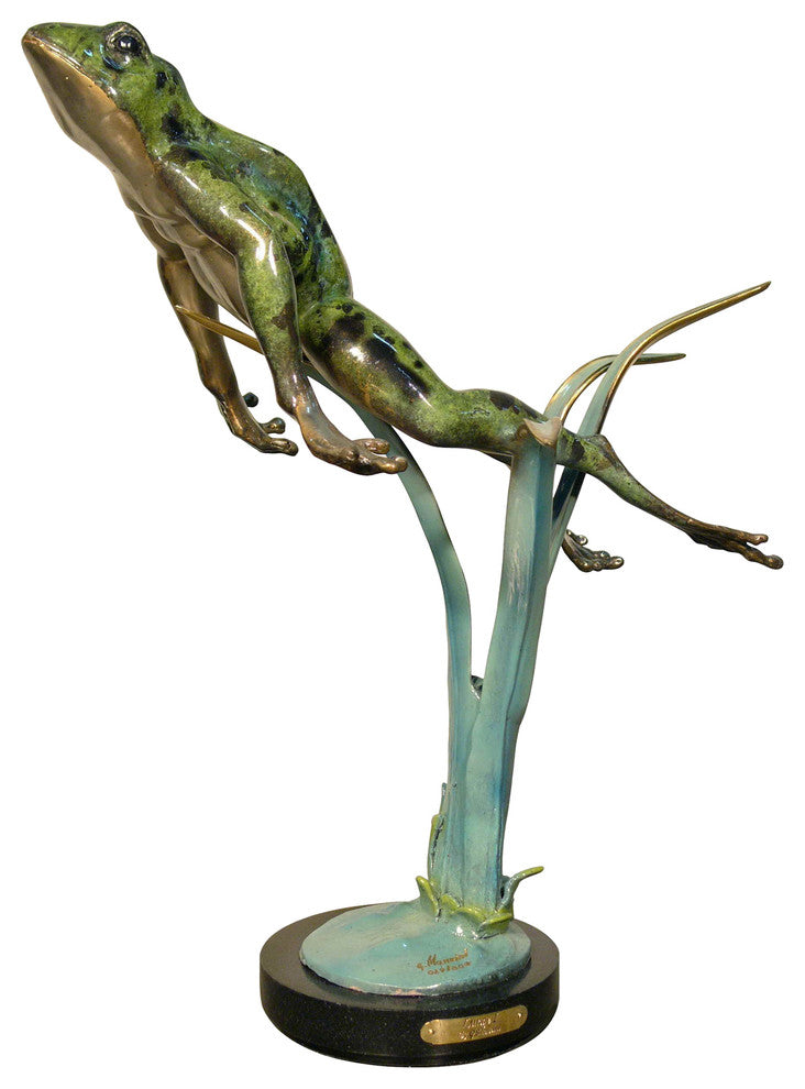 Frog Swimming Up With Marble Base  Bronze Sculpture, Special Patina Finish