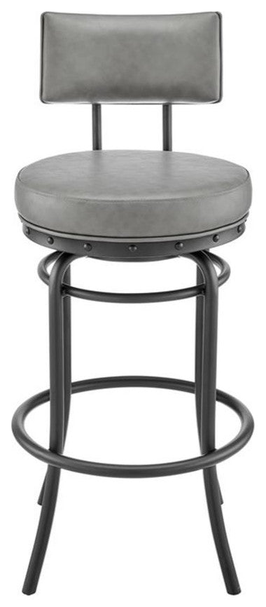 Armen Living Rees 30" Faux Leather & Metal Swivel Bar Stool in Gray/Black