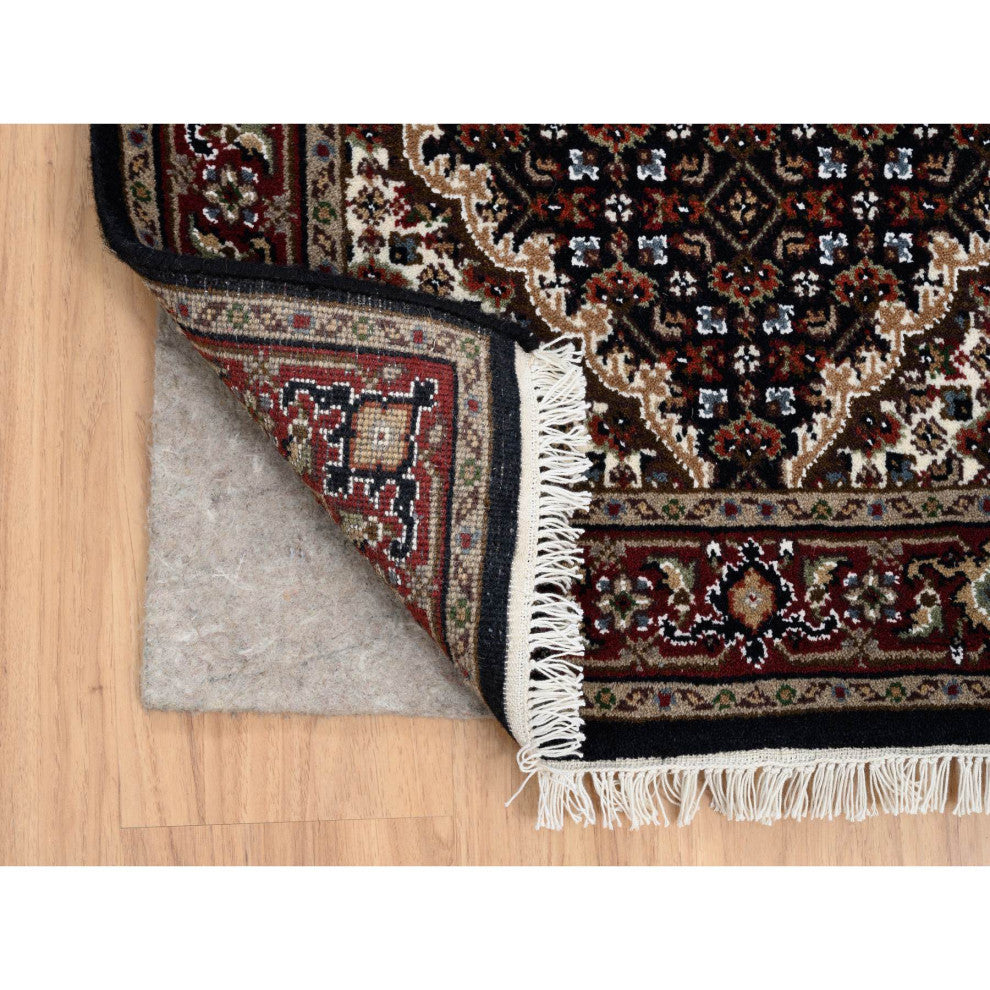 Black Hand Knotted, Tebraz Mahi Wool and Silk XL Runner Rug, 2'6"x26'3"