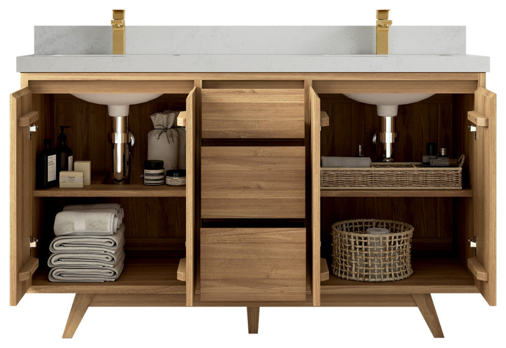 Madison Teak 60 Double Bathroom Vanity in Light Natural 2" Carrara Quartz