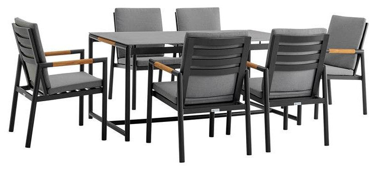 Crown 7-Piece Black Aluminum and Teak Outdoor Dining Set With Dark Gray Fabric