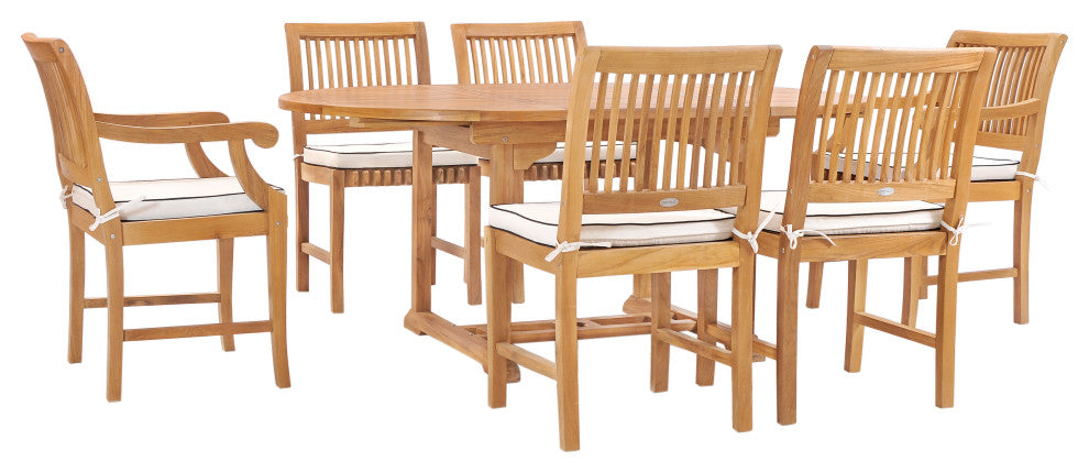 7 Piece Teak Wood Castle Patio Dining Set with Round to Oval Extension Table