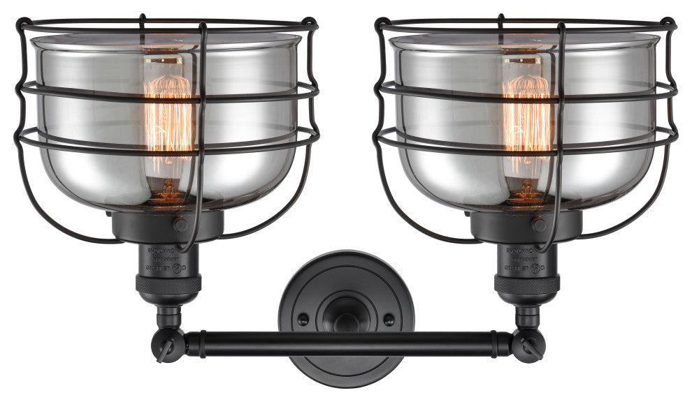 Large Bell Cage 2-Light Bath Vanity-Light, Matte Black, Plated Smoke