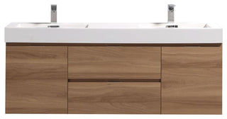 Bliss 60'' Wall Mount Double Sink Modern Bathroom Vanity, Honey Oak