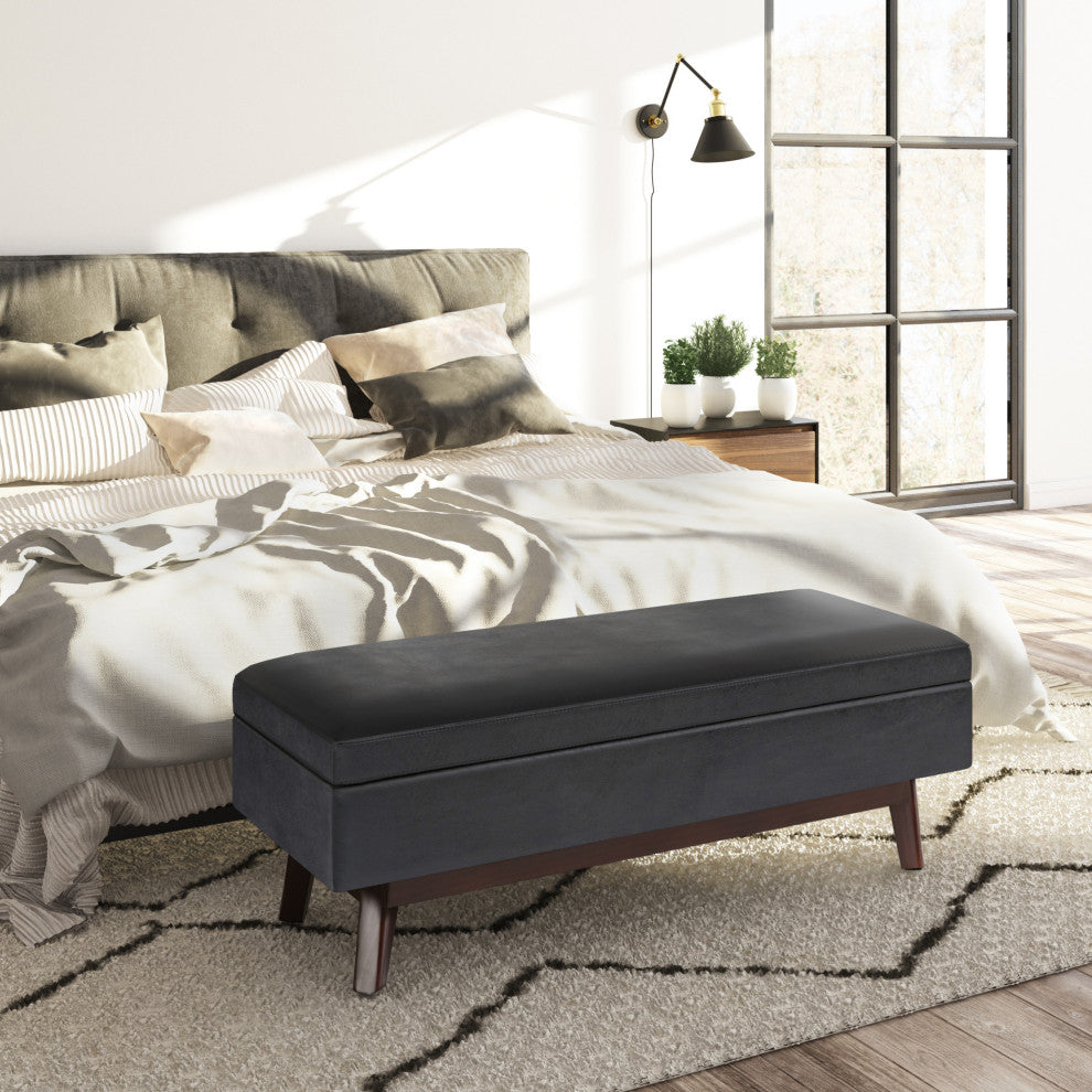 Owen Rectangular Storage Ottoman, Distressed Black Faux Air Leather