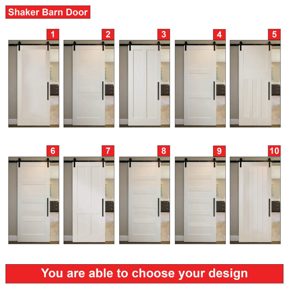 Shaker Sliding Wood Barn Door with 10 different panel designs +  Hardware, Unfinished (Primed), 32"x84" Inches