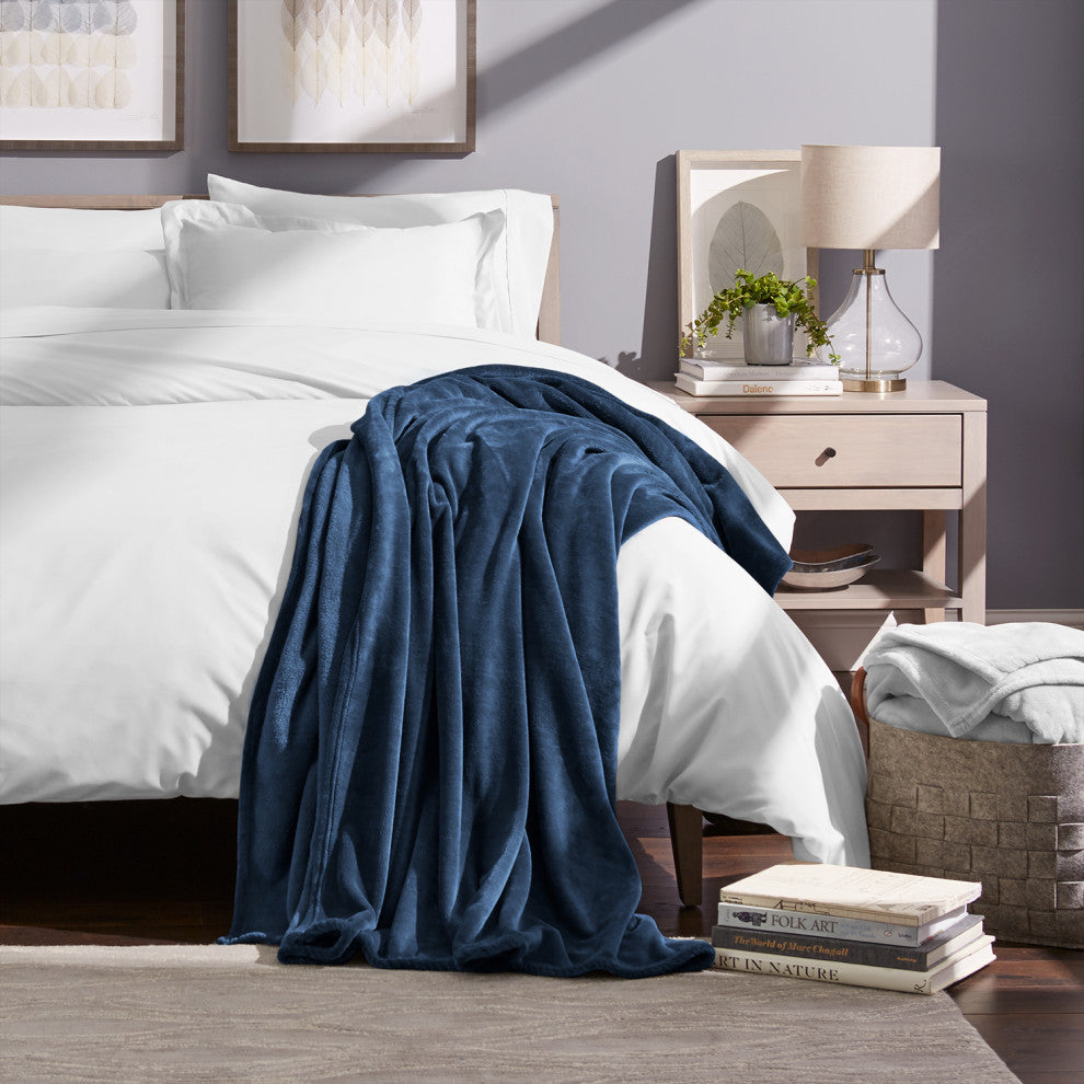 Bare Home Microplush Fleece Blanket, Dark Blue, Throw/Travel