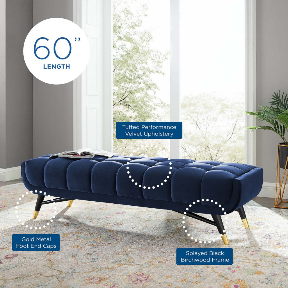 Accent Chair Bench, Velvet, Dark Blue, Modern, Living Lounge Hotel Hospitality