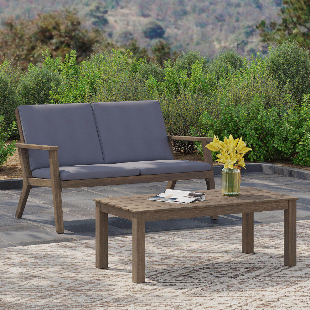 Avacyn Outdoor Acacia Wood Loveseat and Coffee Table Set with Cushions, Gray + Dark Gray