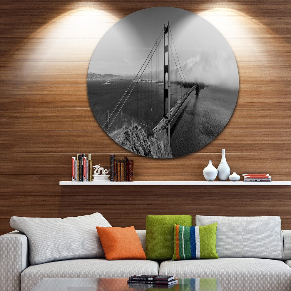 Golden Gate Bridge In Gray Panorama, Sea Bridge Disc Metal Artwork, 36"