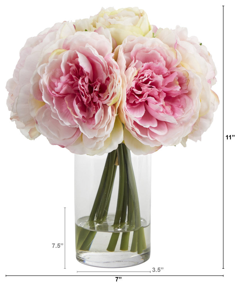 11" Peony Bouquet Artificial Arrangement, Glass Vase