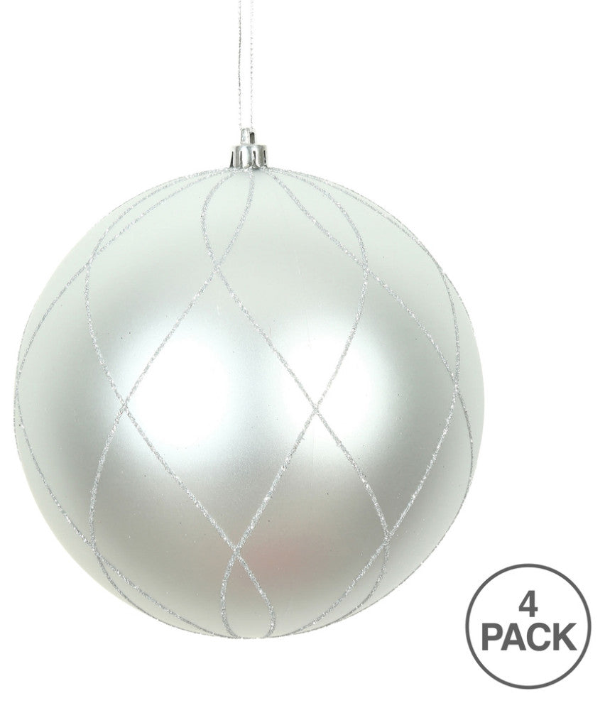 Vickerman N170607D 4" Silver Matte And Glitter Swirl Ball Ornament, 4 Per Box