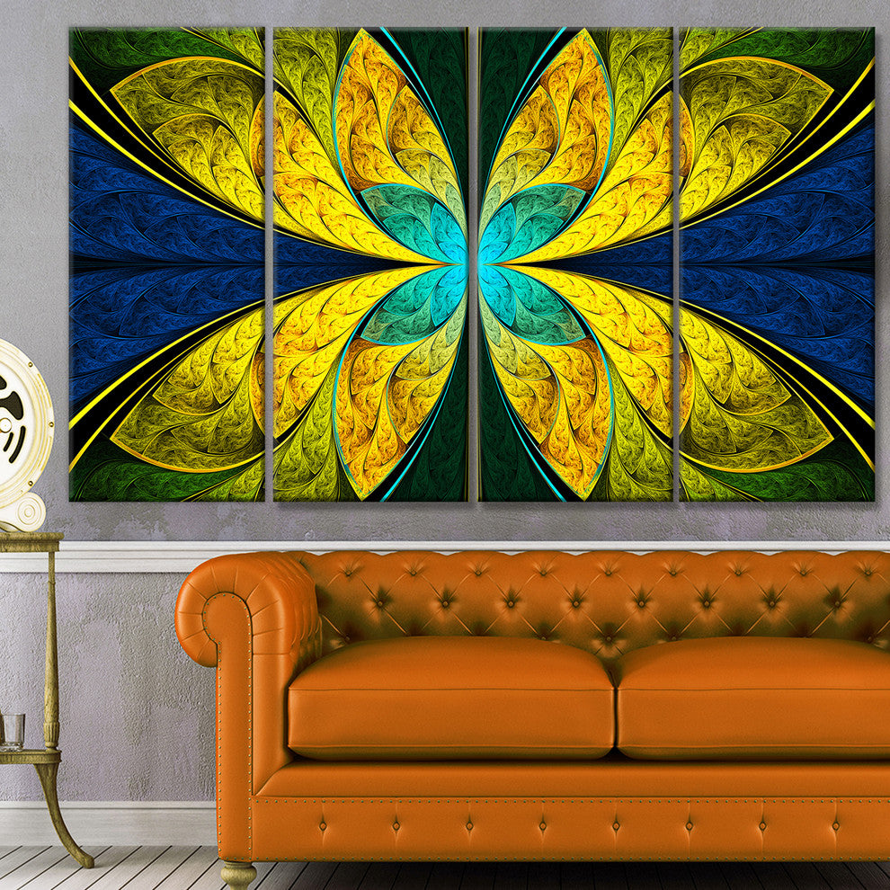 Bright Yellow Blue Fractal Flower, Floral Canvas Art Print, 48"x28", 4 Panels