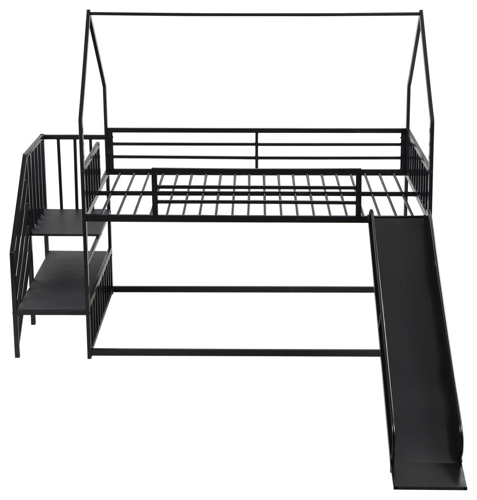 Gewnee Twin Metal Bunk Bed House Bed with Slide and Staircase in Black
