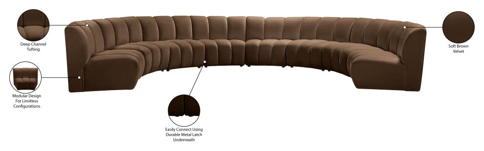 Infinity Channel Tufted Velvet Modular Chair, Brown, 8 Piece