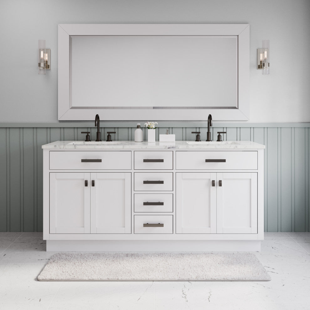 Hartford 72" Double Sink Marble Countertop Bath Vanity, White, Vanity With Goose