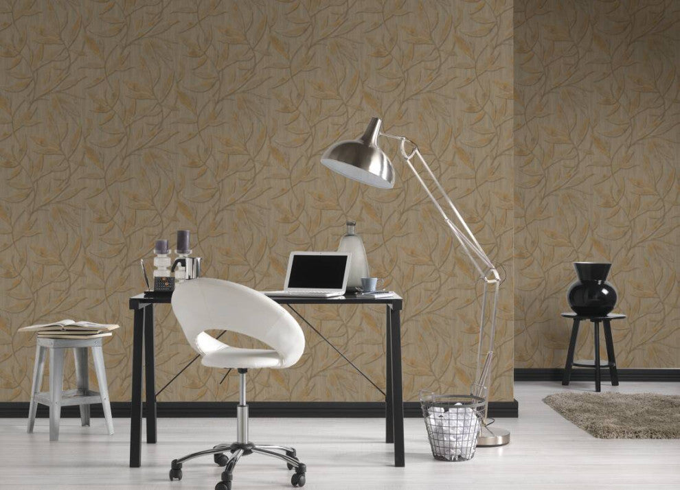 Floral Textured Wallpaper Leaves and Branches, 328805, Brown Gold, Sample