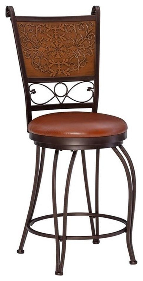 Linon Copper Stamped Back Swivel Faux Leather Steel Counter Stool in Bronze