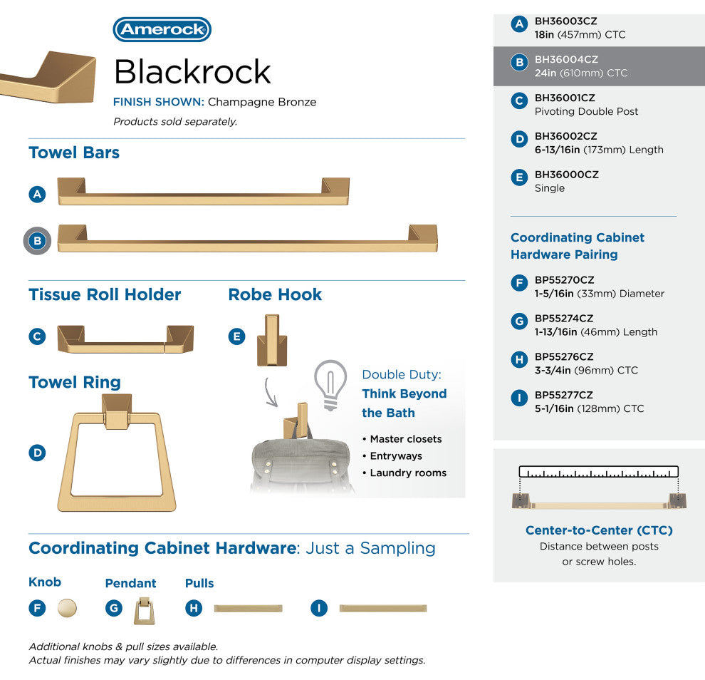 Amerock Blackrock Contemporary Towel Bar, Champagne Bronze, 24" Center-to-Center