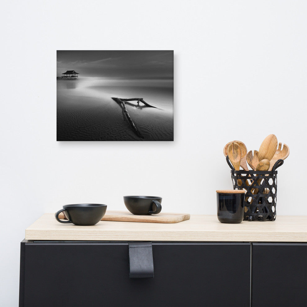Dramatic Beach Driftwood Black & White Coastal Landscape Photo CanvasArt Print, 12" X 16"