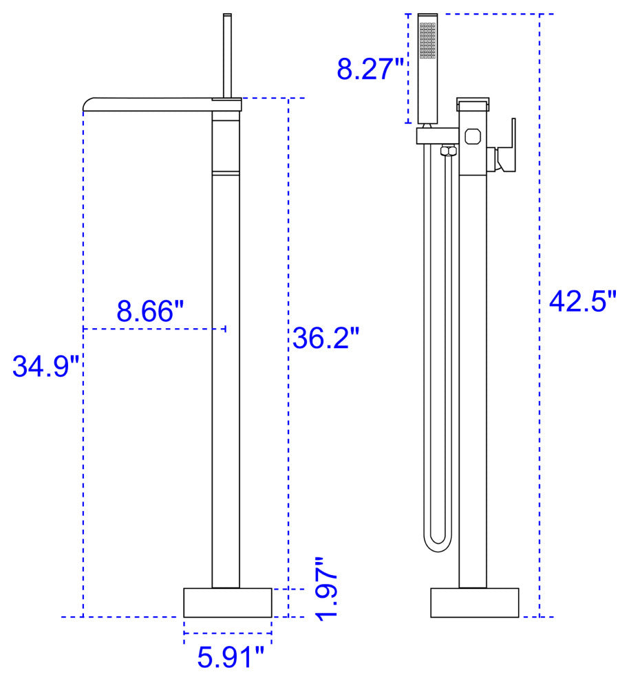 Waterfall Floor Mounted Tub Faucet With Hand Held Shower, Brushed Gold