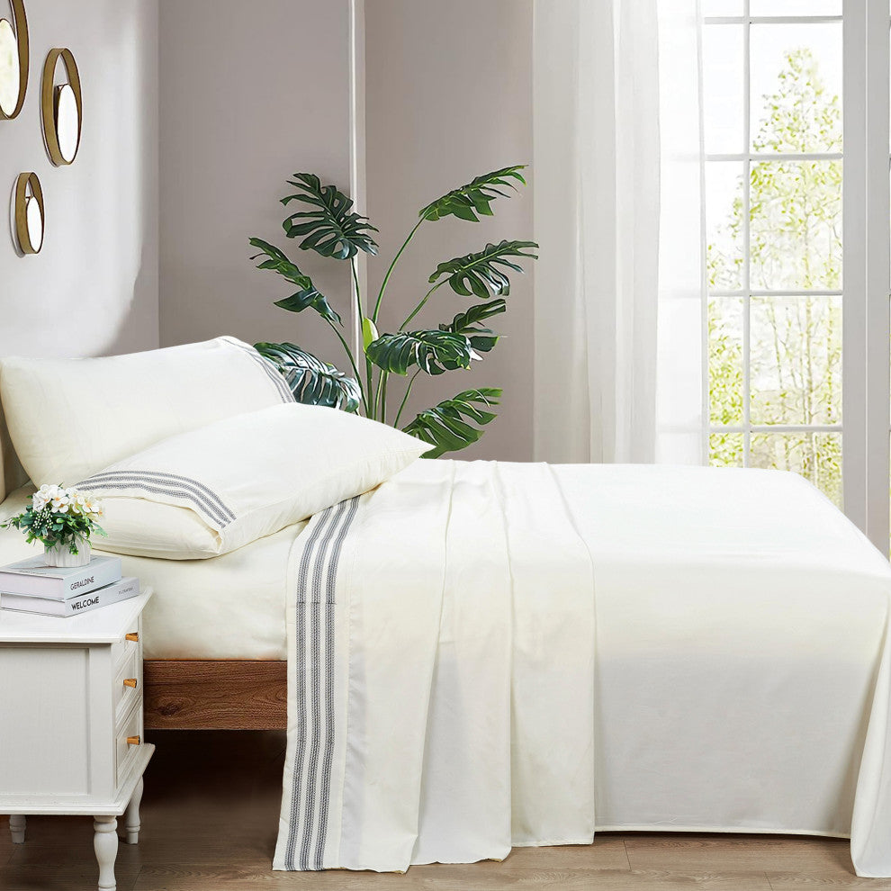 Serenta Trois Embroidered 4 Piece Bed Sheet Set, Ivory, Twin