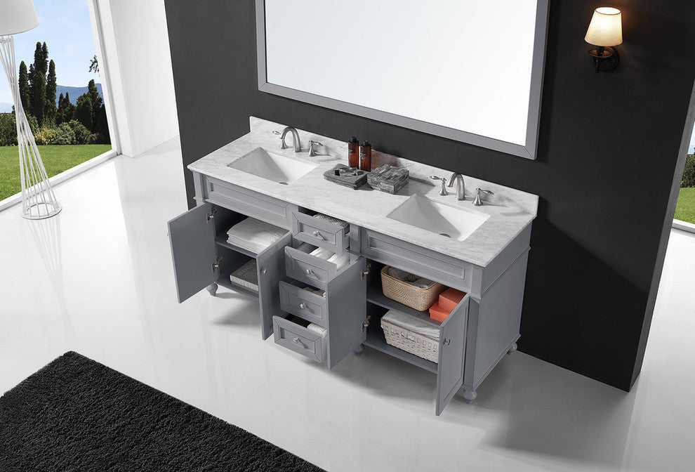 72" Double Bathroom Vanity, Taupe Gray with Carrara White Marble Top