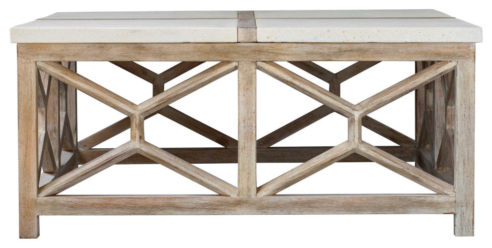 Open Light Weathered Wood Coffee Table Stone Top X Natural Minimalist Square