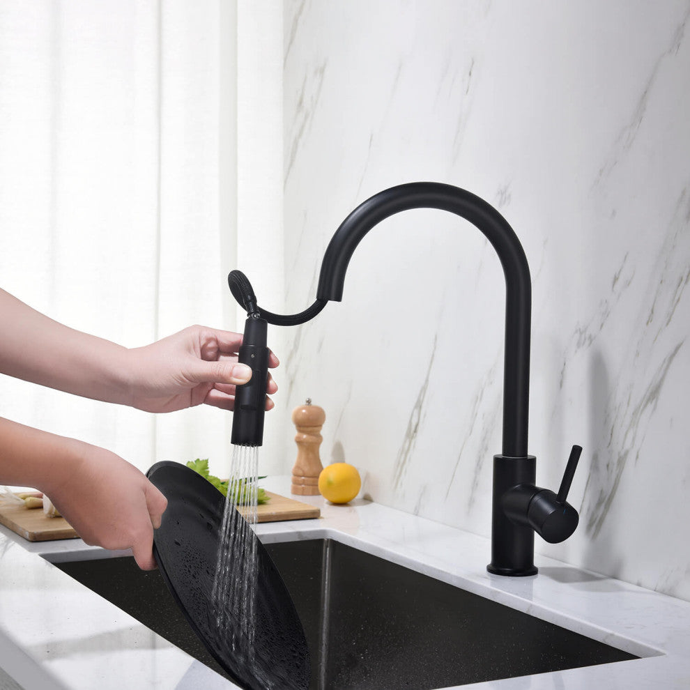Circular Single Handle Pull Down Kitchen Faucet, Matte Black