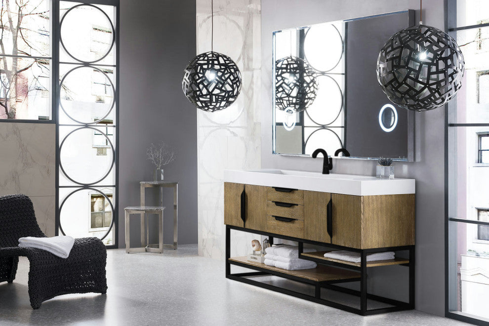 Columbia 72" Single Vanity, Latte Oak, Matte Black, Glossy White Composite Top