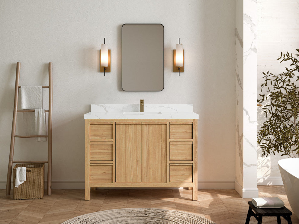 Elizabeth 48 Single Sink Bath Vanity in Light Natural Teak 2" Calacatta Laza