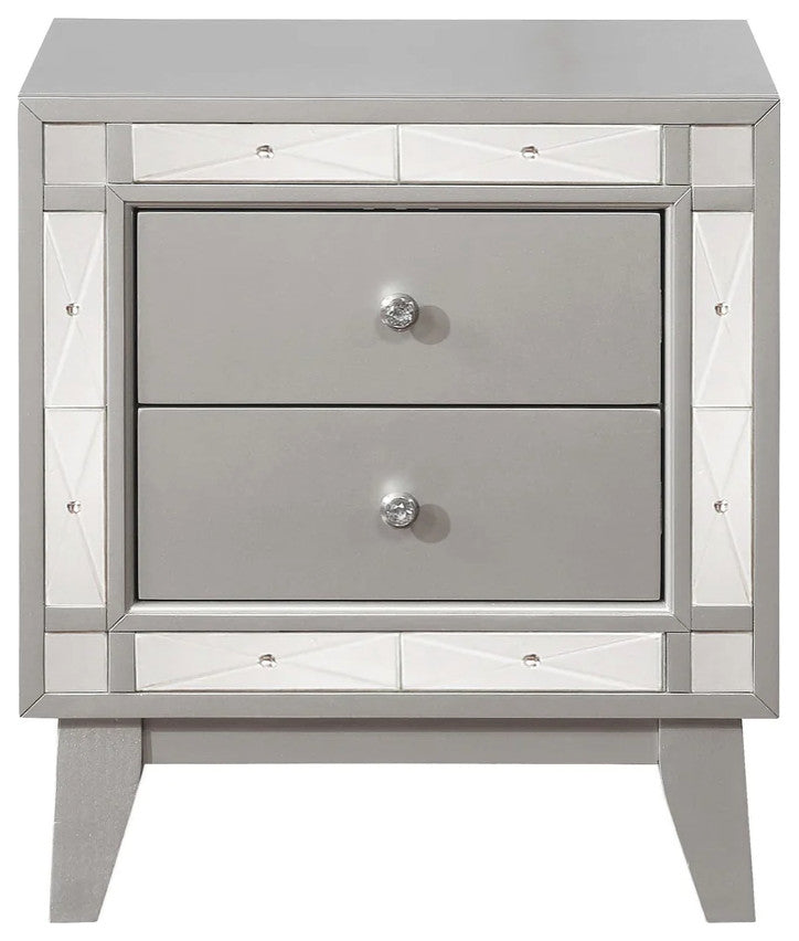Benzara BM182715 Wooden Nightstand with 2 Drawers, Mercury Silver