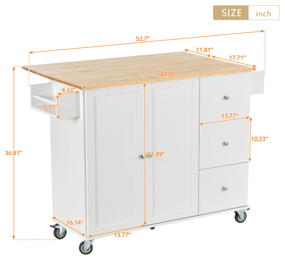 TATEUS Solid Wood Top Kitchen Island 52.7 Inch, White
